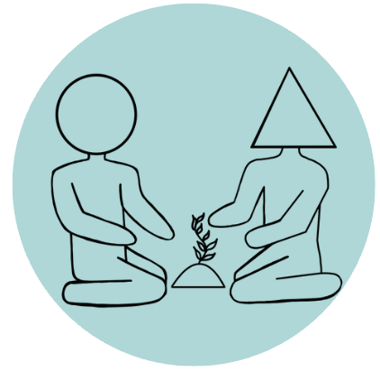 Two figures planting a plant together; one has circle head, one has triangle head