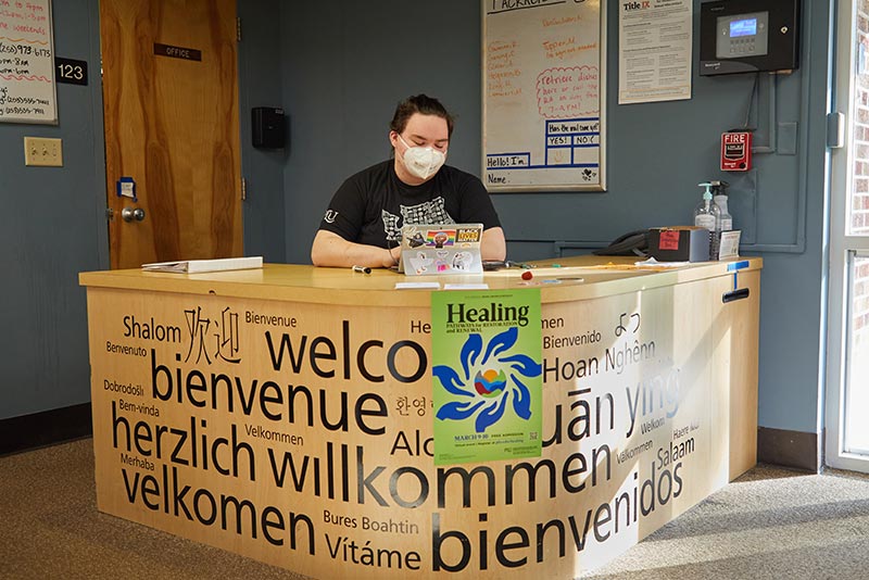 Students handing out in a dorm room and lounge in Hong Hall, Friday, Feb. 11, 2022, at the Lakewood site. (PLU Photo/John Froschauer)