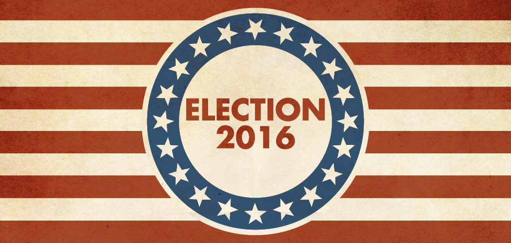 Election 2016 graphic with red and white stripes and blue and white stars.