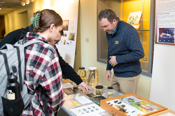 The Biology Department has several bird, mammal, and plant specimens that demonstrate different Darwinian properties are on display in the Rieke Lobby for the annual Darwin Day Celebration, Monday, Feb. 13, 2023, at PLU. (PLU Photo / Sy Bean)