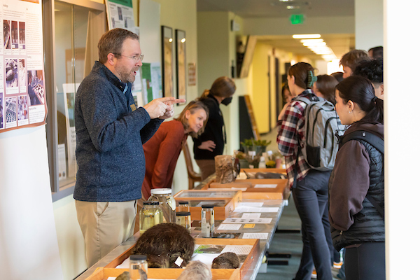 The Biology Department has several bird, mammal, and plant specimens that demonstrate different Darwinian properties are on display in the Rieke Lobby for the annual Darwin Day Celebration, Monday, Feb. 13, 2023, at PLU. (PLU Photo / Sy Bean)