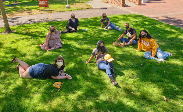 Preparation for the virtual convocation including the ringing of the bell on red square, Monday, Aug. 17, 2020, at PLU. (Photo/John Froschauer)