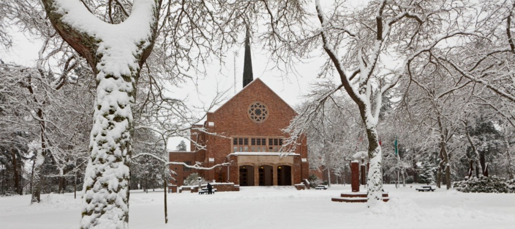 Looking towards Karen Hille Phillips Center for the Performing Arts on a snowy day at PLU on Wednesday, Jan. 18, 2012.