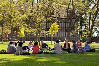 students having class outside in the grass