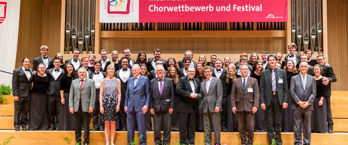 The Choir of the West with jury members after winning the Anton Bruckner Choir Grand Prize Award.