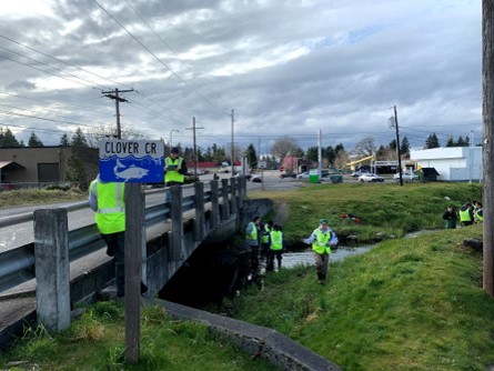 Students on bridge at Clover Creek