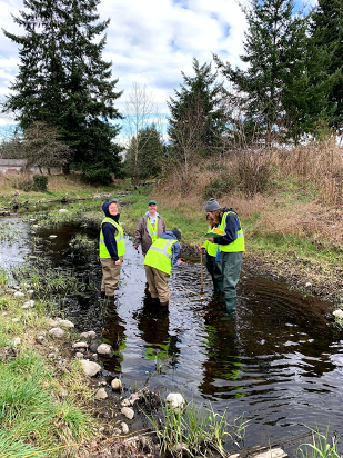 Students taking samples in Clover Creek