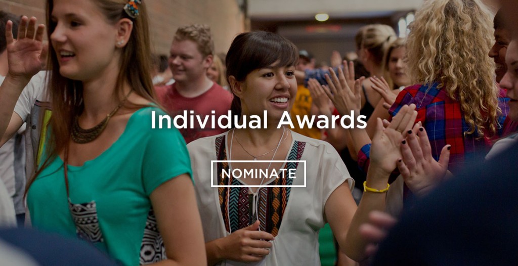 Nominate Individual Awards banner students high-fiving each other