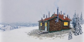 snow surrounding warm little cabin