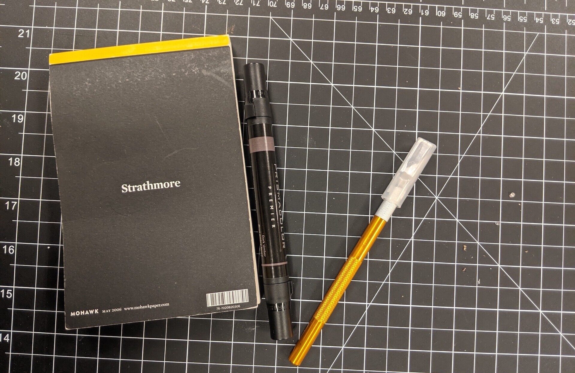 Notebook, pen, cutting knife and cutting mat