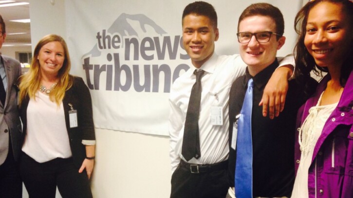 Some of the PLU election workers reporting for The News Tribune on Nov. 4, from left: first-year Matthew Salzano, junior Samantha Lund, first-year Michael Pham, first-year Michael Diambri, and senior Naomi Bess. (Photo courtesy Samantha Lund)