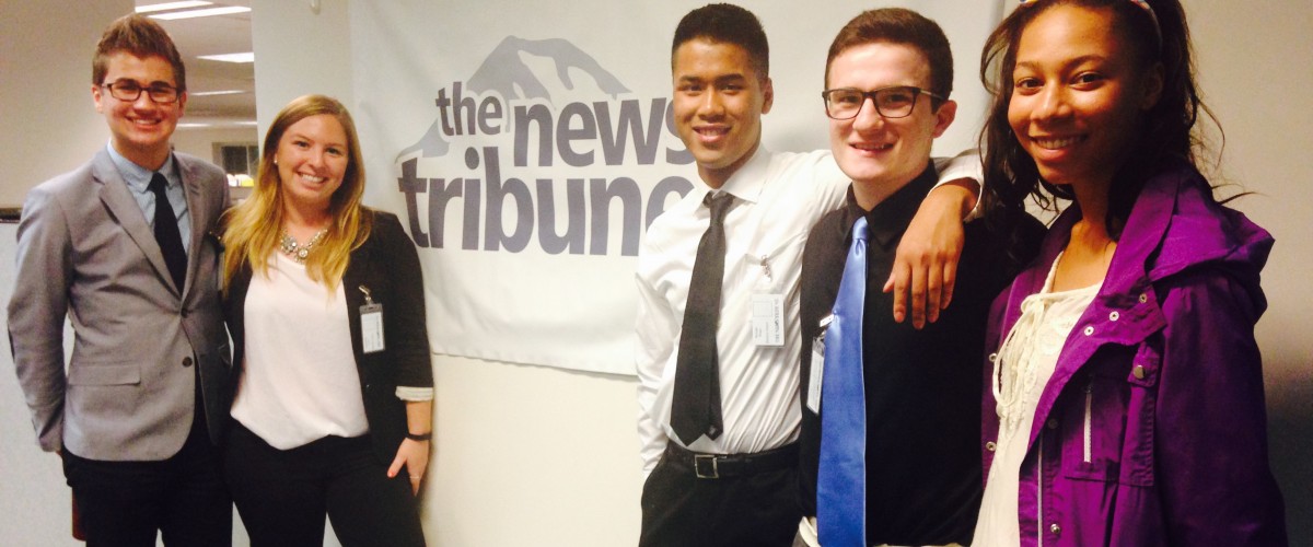 Some of the PLU election workers reporting for The News Tribune on Nov. 4, from left: first-year Matthew Salzano, junior Samantha Lund, first-year Michael Pham, first-year Michael Diambri, and senior Naomi Bess. (Photo courtesy Samantha Lund)