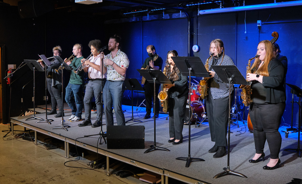 Saxophone and Jazz Combos performing in The Cave, Tuesday, Nov. 30, 2021, at PLU. (PLU Photo/John Froschauer)