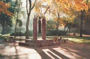 Date and Artist: May 27, 1990; Tom Torrens See it: The Centennial Bell is located in the middle of campus on Red Square, across from the Ness Family Chapel in the Karen Hille Phillips Center for the Performing Arts. The steel and brick Centennial Bell was a 100th-birthday present to the university in 1990 from then-President and Mrs. William O. Rieke. The bell structure is 12 feet high by 15 feet wide.