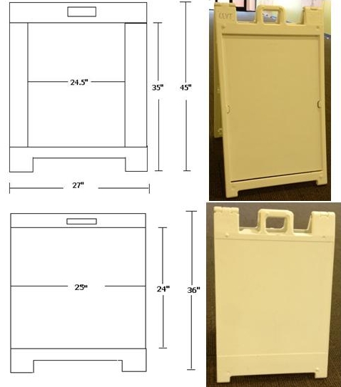sandwich boards showing height of 36 and 45 inches max, 25 and 35 inches minimum, 25 and 24.5 inches wide