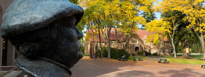 Bust of Martin Luther overlooks Red Square with Xavier in the background at PLU on Tuesday, Oct. 7, 2014. (PLU Photo/John Froschauer)