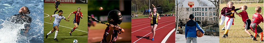 collage of youth through college athletes and their coaches. Starting on the left, someone splashing in the pool, two soccer players chasing after a ball, a batter waiting for the pitch, a runner that is running around a track, a kid with a basketball looking at an outdoor playground, and young flag football players on the field