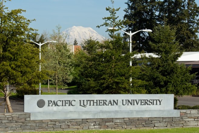 PLU sign and Mount Rainier PLU sign and Mount Rainier