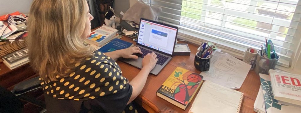 PLU Professor of Hispanic Studies Bridget Yaden works on class slides for a course she’s now teaching remotely this semester. (Photo courtesy of Anderson Smith)