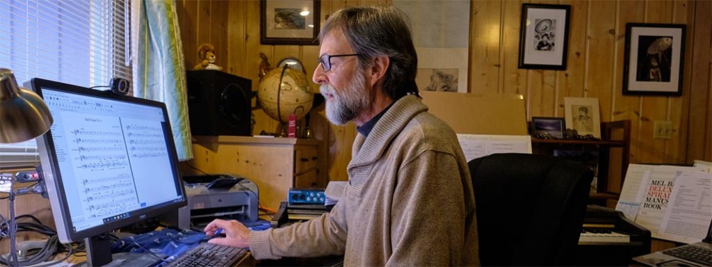PLU professor of music Gregory Youtz teaches a distance-learning music course from his home. (Photo/John Froschauer)