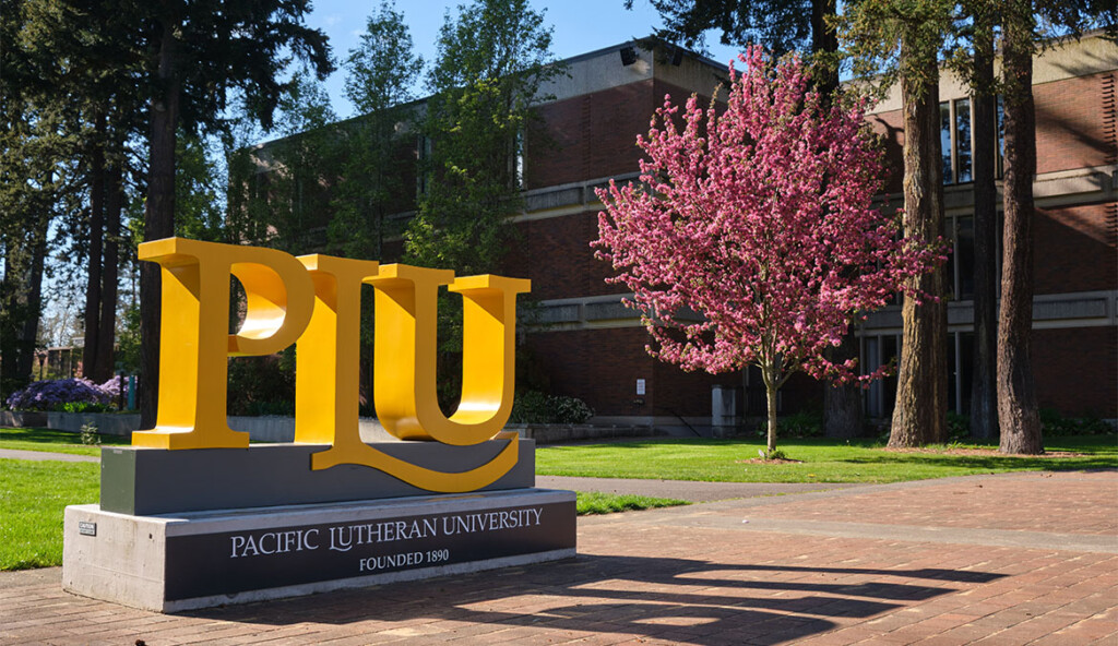 PLU sign in front of a cherry tree and the PLU library.