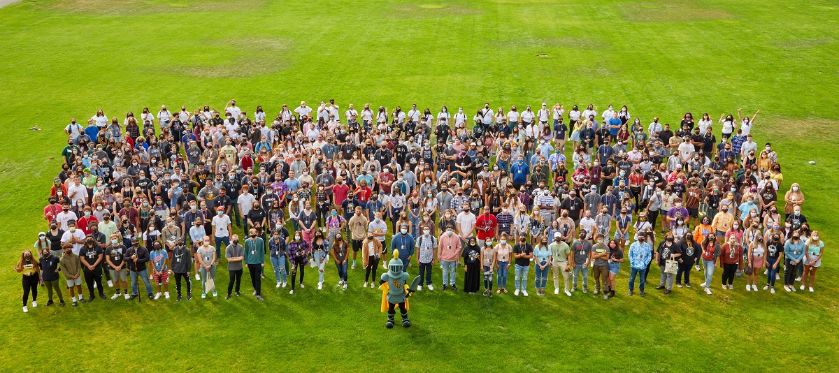 Group photo during move-in and new student orientation, Friday, Sept. 3, 2021, at PLU. (Photo/John Froschauer)