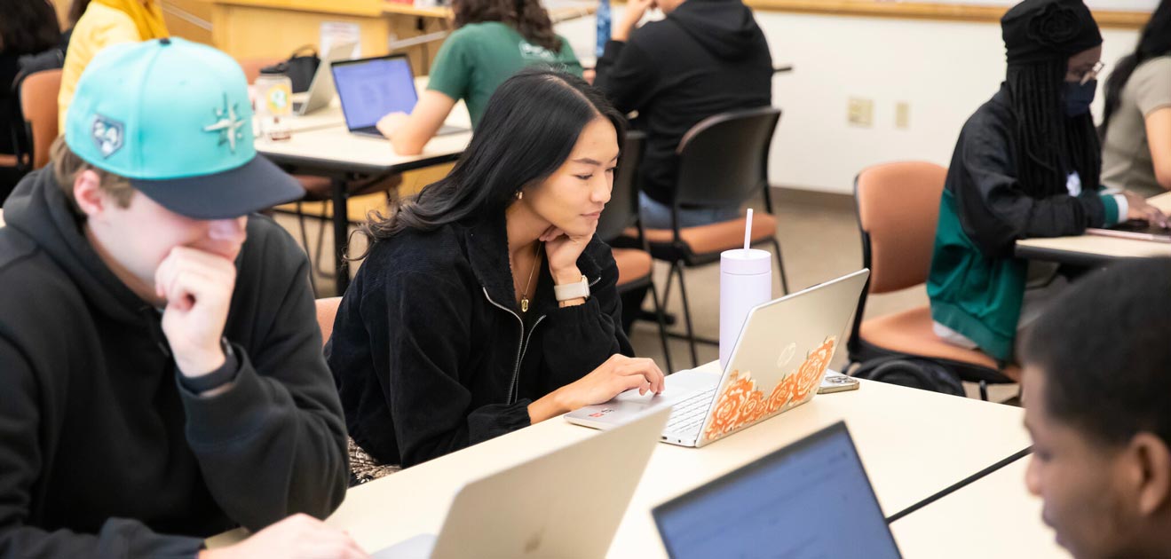 Students work on group projects in the MATH 348 course titled “Statistical Computing and Consulting,” Friday, April 19, 2024, in Morken at PLU. (PLU Photo / Sy Bean) Students work on group projects in the MATH 348 course titled “Statistical Computing and Consulting,” Friday, April 19, 2024, in Morken at PLU. (PLU Photo / Sy Bean)