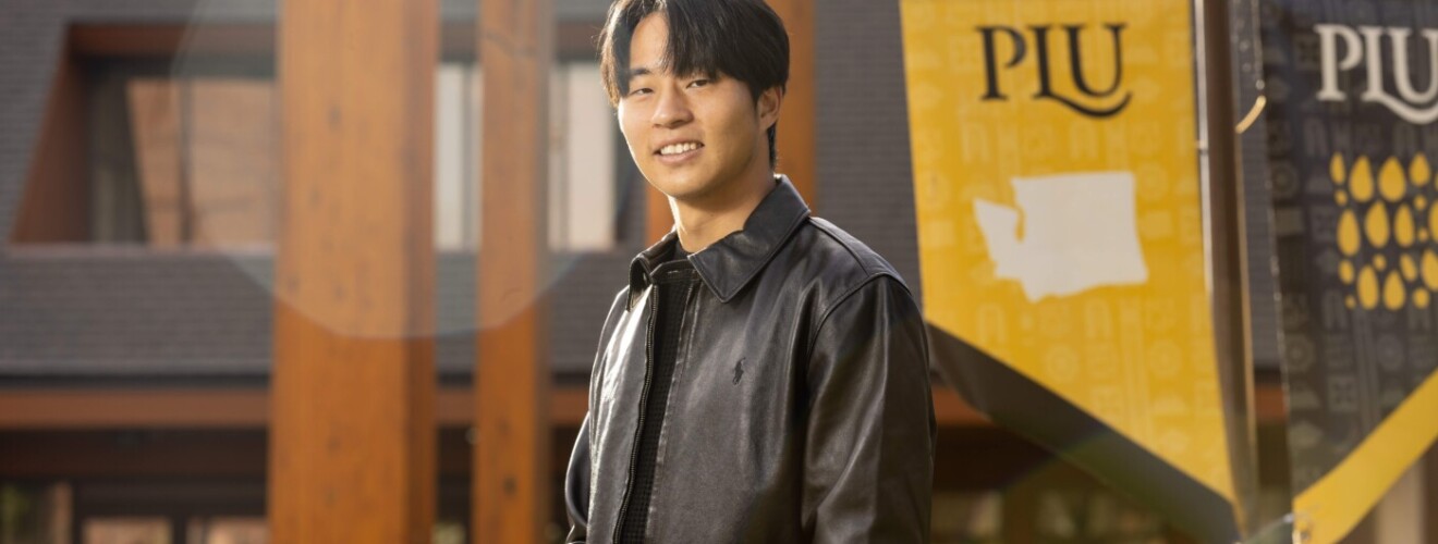 Yuta Shimazu, PLU senior and First Team All-Conference soccer athlete, Thursday, Nov. 20, 2025, in front of the AUC at PLU. Shimazu graduates this winter and will begin his career back in Japan, working for Sony’s Global Marketing. (PLU Photo / Sy Bean)