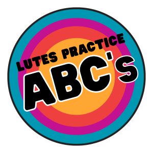 ABCs Logo Lutes Practice ABC's in black text on top of rings of blue, magenta, red orange, and golden yellow.