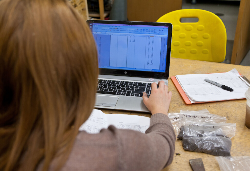 Samantha Harrison '16, works with samples collected on Mt. Rainer in the geoscience labs at PLU