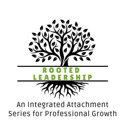 logo A tree with the roots showing. The words Rooted Leadership is written across the logo