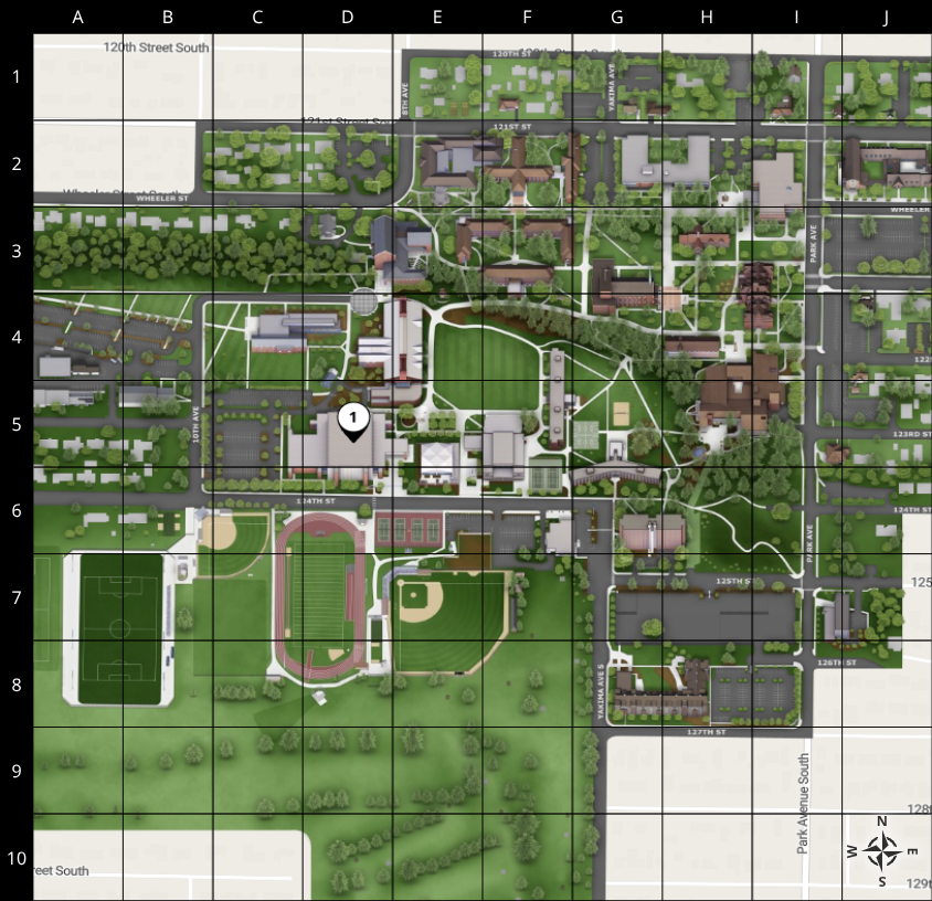 Olson Gymnasium marked on Pacific Lutheran University campus map