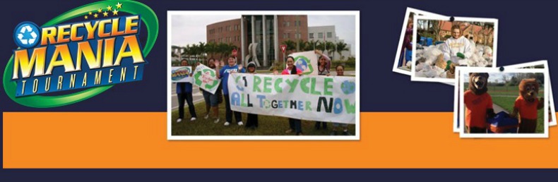 Recycle Mania Tournament banner - students holding recycle signs and recycling