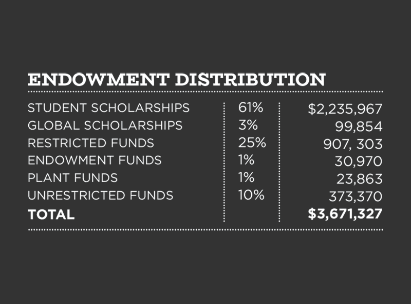 endowmentstext2 Chart displaying endowment distribution. Student Scholarships: 61% ($2,235,967), Global Scholarships: 3% ($99,854), Restricted Funds: 25% ($907,303), Endowment Funds: 1% ($30,970), Plant Funds: 1% ($23,863), Unrestricted Funds: 10% ($373,370). Total: $3,671,327.
