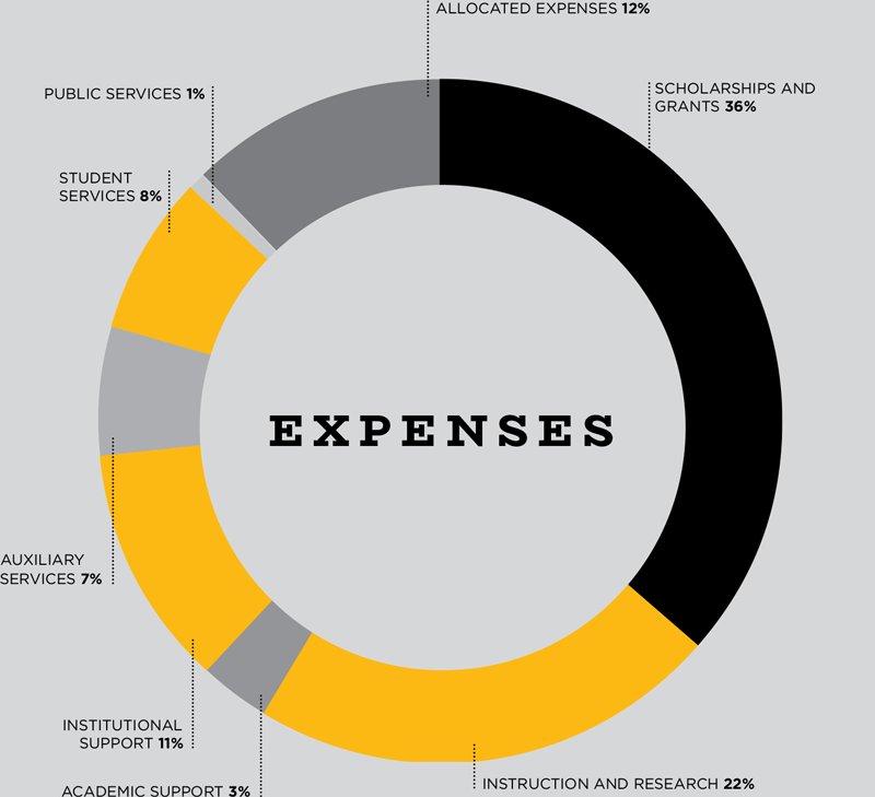 expensesgraph A donut chart titled Expenses shows segments: Scholarships and Grants 36% (black), Instruction and Research 22% (orange), Public Services 12% (black), Student Services 8% (orange), Auxiliary Services 7% (orange), Institutional Support 11% (gray), Academic Support 3% (gray).