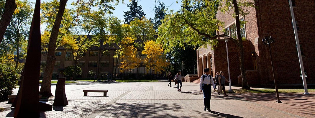 Red square on the campus of Pacific Lutheran University.