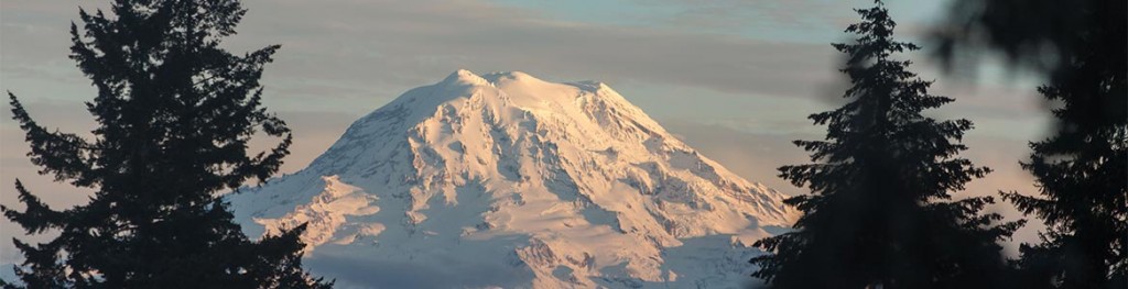 The view of Mount Rainier from South Hall at Pacific Lutheran University.