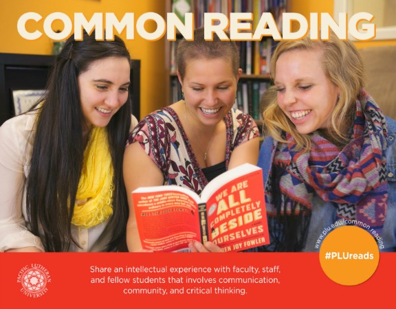common-reading-poster Common Reading - Share an intellectual experience with faculty, staff, and fellow students that involves communication, community, and critical thinking, 3 students looking at a book