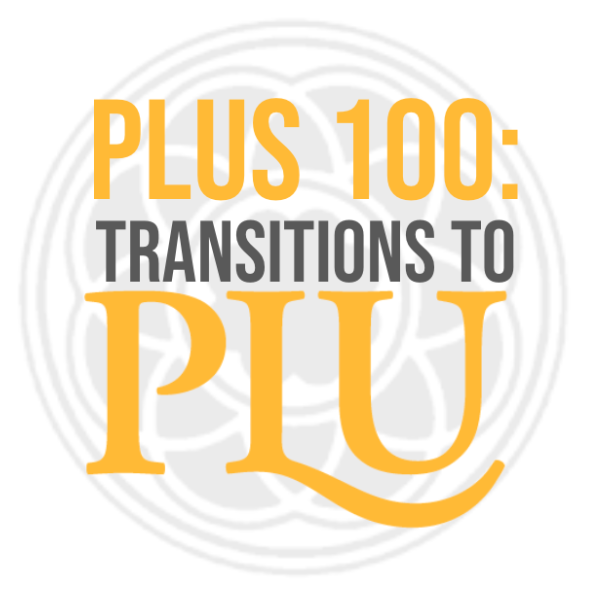 PLUS 100 "PLUS 100 Transitions to PLU" text over rose window logo