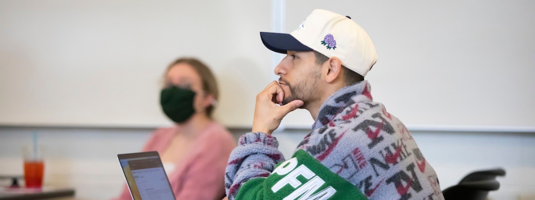 Visiting Assistant Professor Jessica Flores leads here HISP 202 course titled “Intermediate Spanish C,” Wednesday, April 12, 2023, at PLU. (PLU Photo / Sy Bean)