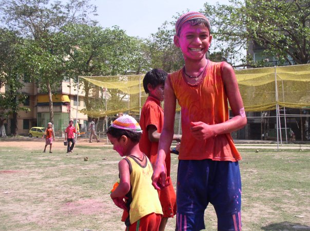 kids covered with color chalk