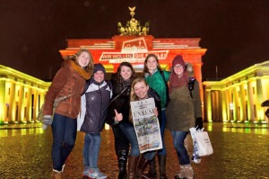 Germany - smaller Students standing in front of building at night