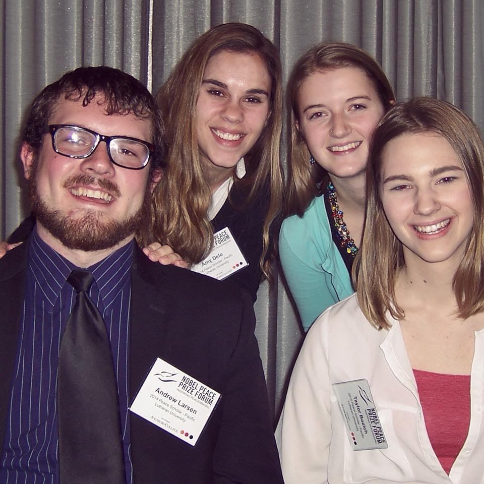 Nobel Peace Price Forum group photo - Andrew Larsen ’15, Amy Delo ’15, Ellie Lapp '17 and Taylor Bozich '17