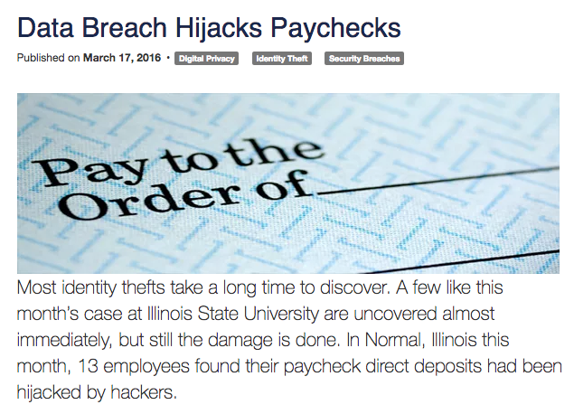 Screen shot of article: Data Breach Hijacks Paychecks