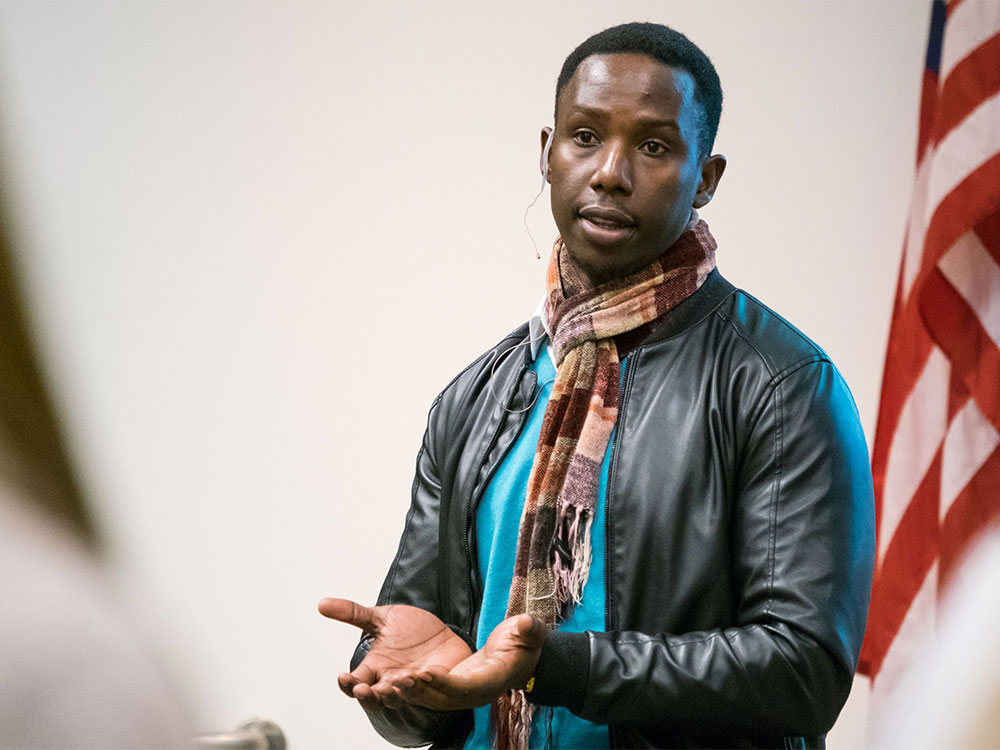 Emmanuel Habimana, filmmaker and survivor of the 1994 Rwandan genocide, speaks at PLU, Tuesday, Oct. 25, 2016.