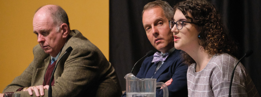 Lexi Jason '17, right, Museum of Jewish Heritage, answers questions with Paul Bartrop, far left, and Kevin Simpson, left during the Powell Heller Conference for Holocaust Education, Friday, Oct. 25, 2019 at PLU. (Photo/John Froschauer)