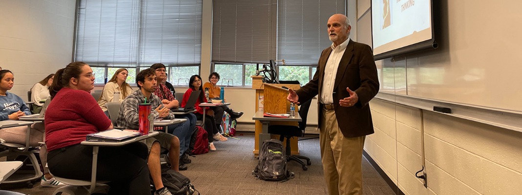 Image: Holocaust survivor Peter Metzelaar speaks with PLU students in a course titled “Introduction to Holocaust & Genocide Studies.” (Photo courtesy of Professor Lisa Marcus)