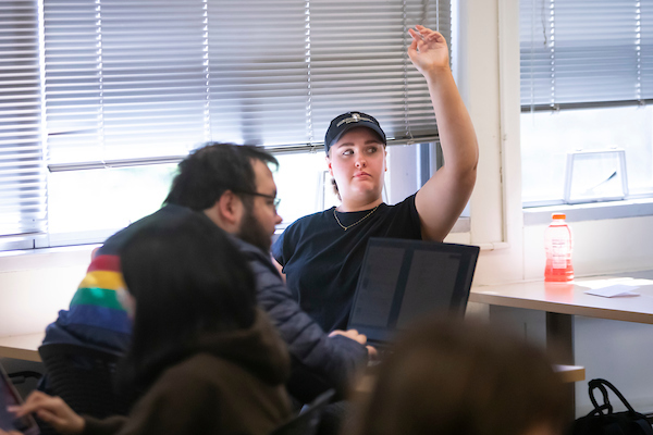 Students work in groups in professor Gina Hames HIST 289 titled “Women and Gender in World History,” Wednesday, April 12, 2023, in the Hauge Administration Building at PLU. (PLU Photo / Sy Bean)