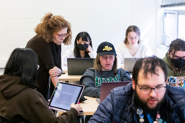 Students work in groups in professor Gina Hames HIST 289 titled “Women and Gender in World History,” Wednesday, April 12, 2023, in the Hauge Administration Building at PLU. (PLU Photo / Sy Bean)