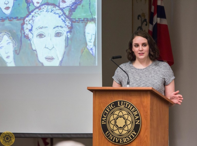 Carli Snyder talks about her research and essay as the winner of the Lemkin Essay Contest at PLU, Tuesday, April 4, 2017. (Photo: John Froschauer/PLU)